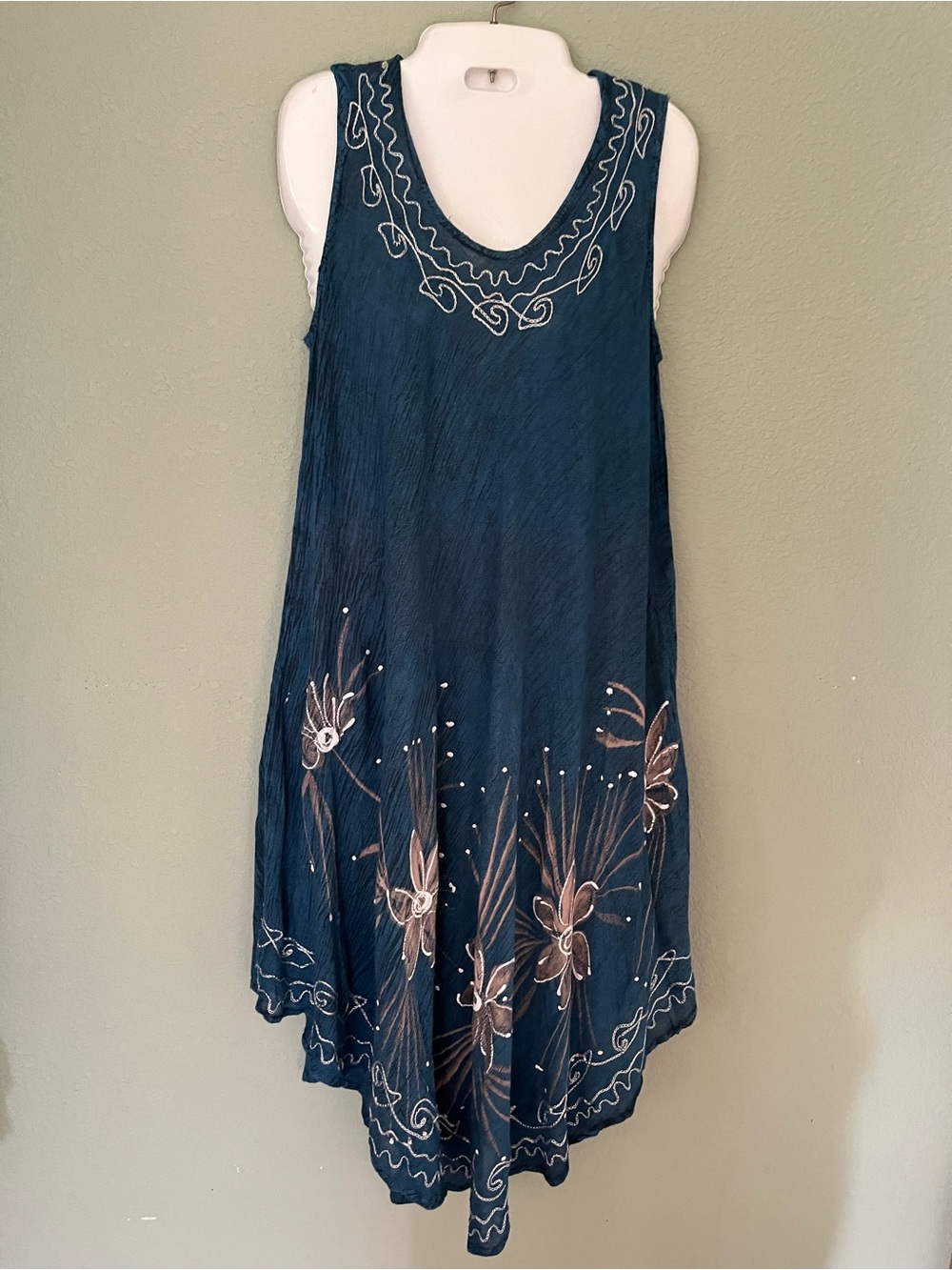 Sleeveless Teal Embroidered Floral Tunic Dress